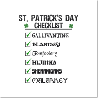 St Patrick's Day Checklist Funny Blarney Malarkey Shenanigans Hijinks Tomfoolery Posters and Art